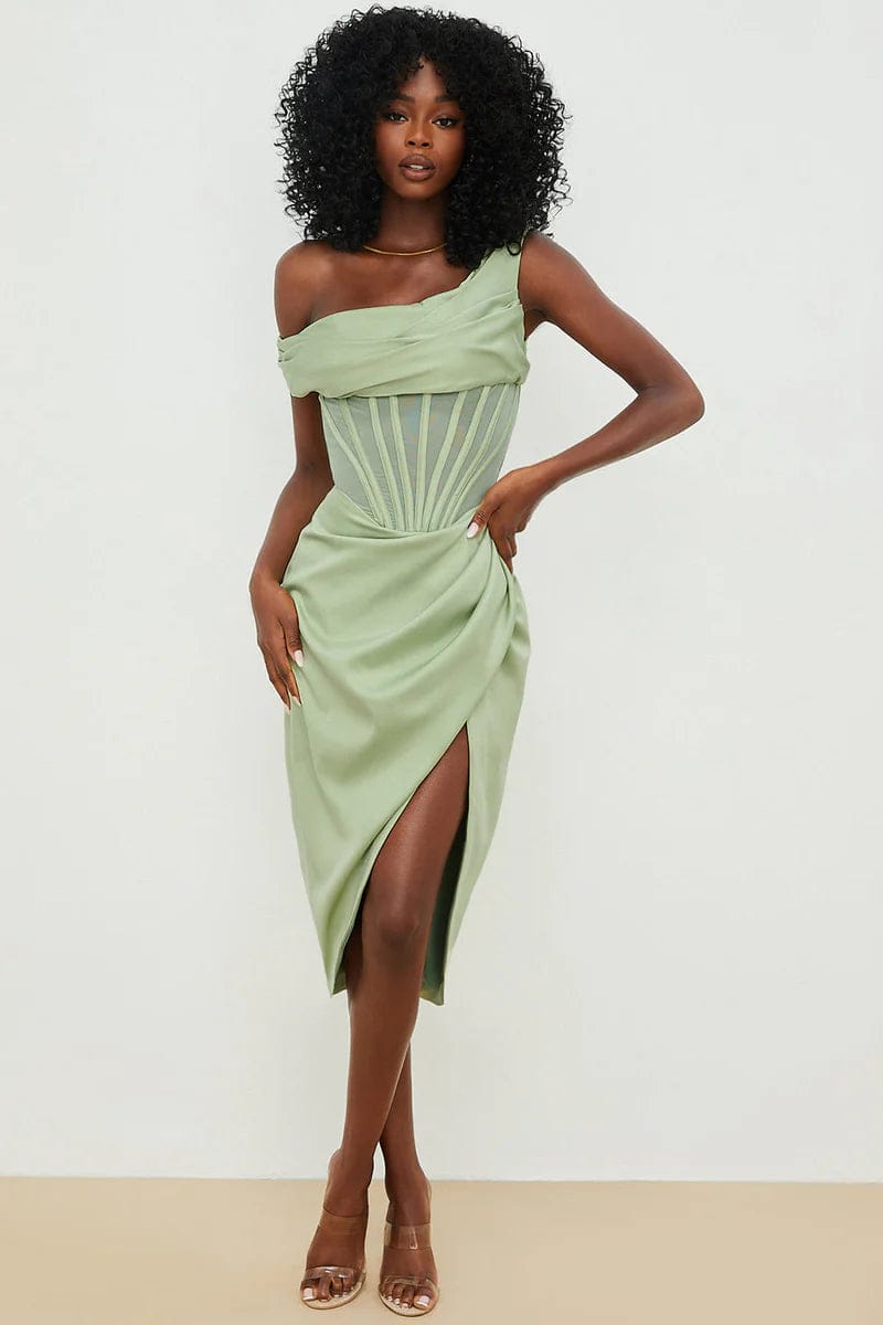Modinzi Midi dress One-Shoulder Draped Midi Dress – Corset Waist & Side Split