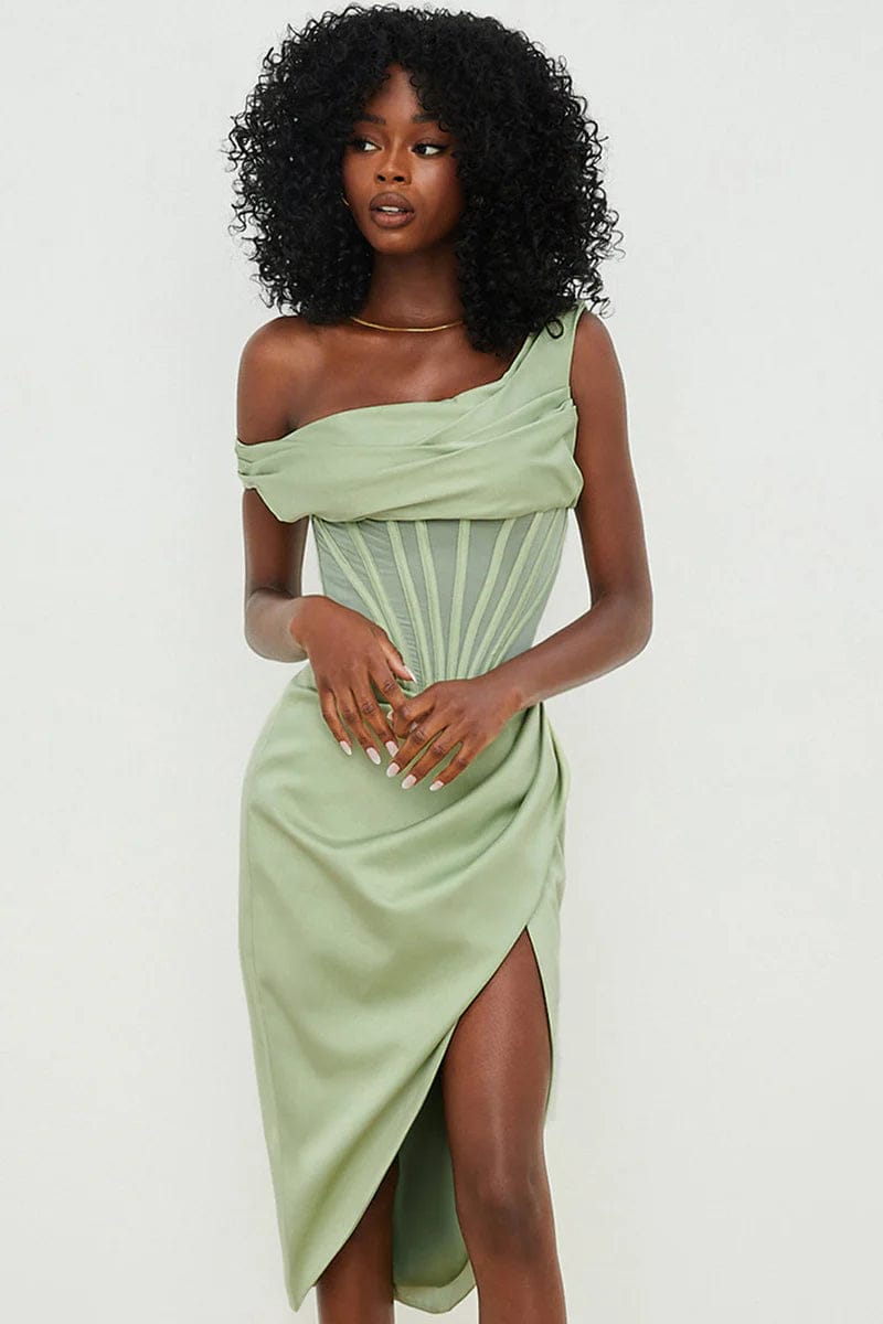 Modinzi Midi dress One-Shoulder Draped Midi Dress – Corset Waist & Side Split
