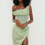 Modinzi Midi dress One-Shoulder Draped Midi Dress – Corset Waist & Side Split
