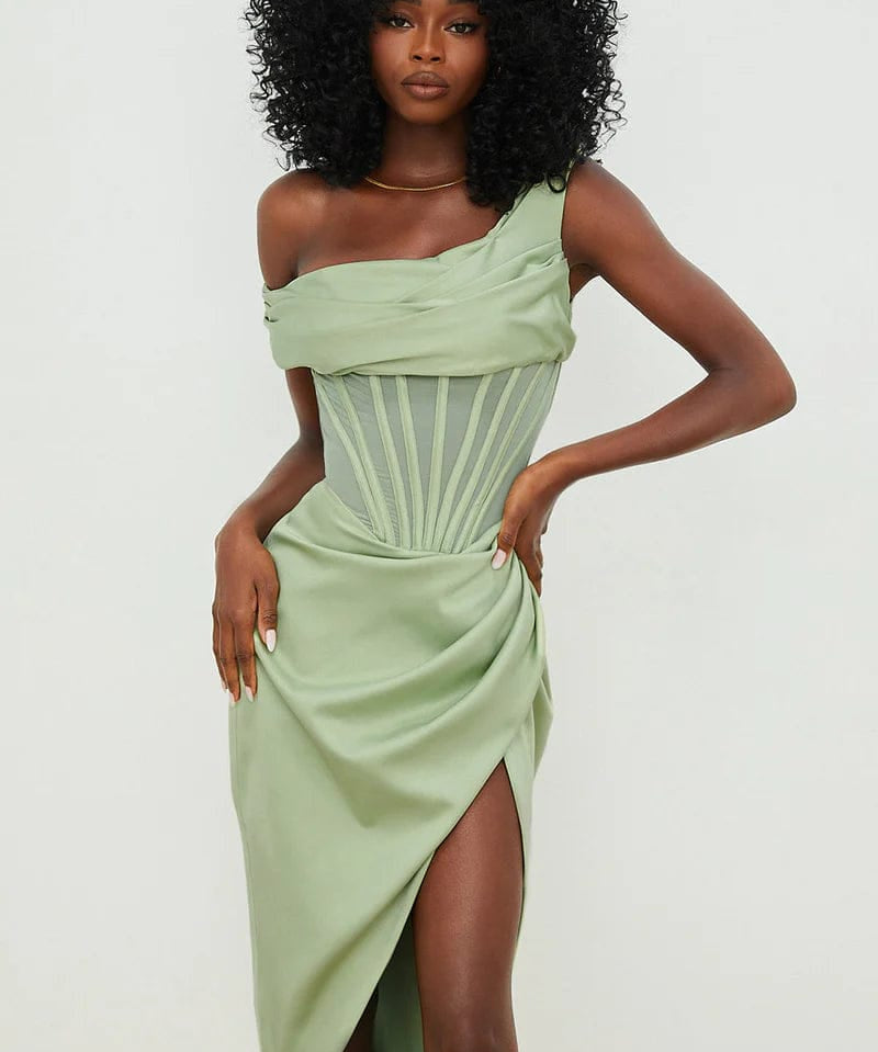 Modinzi Midi dress One-Shoulder Draped Midi Dress – Corset Waist & Side Split