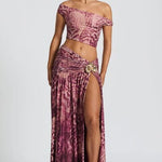 Modinzi Sets Orchid Mirage Two-Piece Set – Off-Shoulder Crop Top & High-Slit Maxi Skirt
