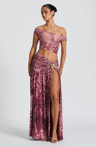 Modinzi Sets Orchid Mirage Two-Piece Set – Off-Shoulder Crop Top & High-Slit Maxi Skirt