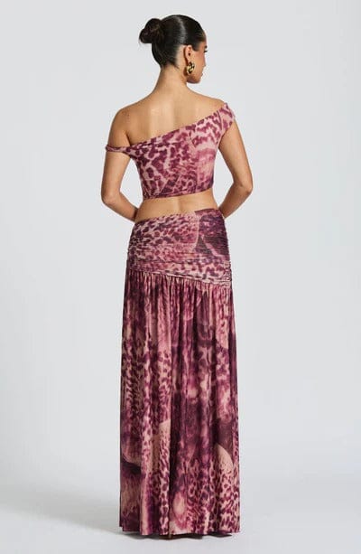 Modinzi Sets Orchid Mirage Two-Piece Set – Off-Shoulder Crop Top & High-Slit Maxi Skirt