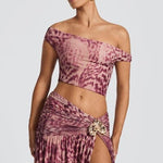 Modinzi Sets Orchid Mirage Two-Piece Set – Off-Shoulder Crop Top & High-Slit Maxi Skirt