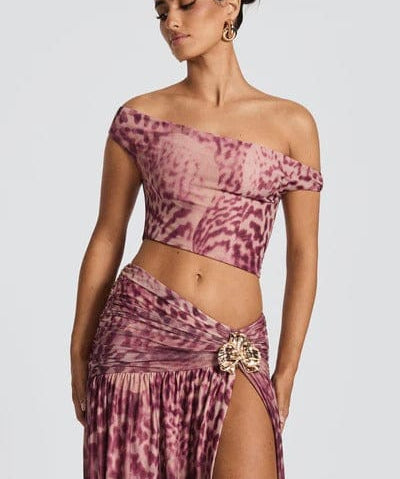 Modinzi Sets Orchid Mirage Two-Piece Set – Off-Shoulder Crop Top & High-Slit Maxi Skirt
