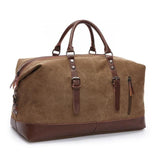 Travel bag with leather details and water-repellent fabric