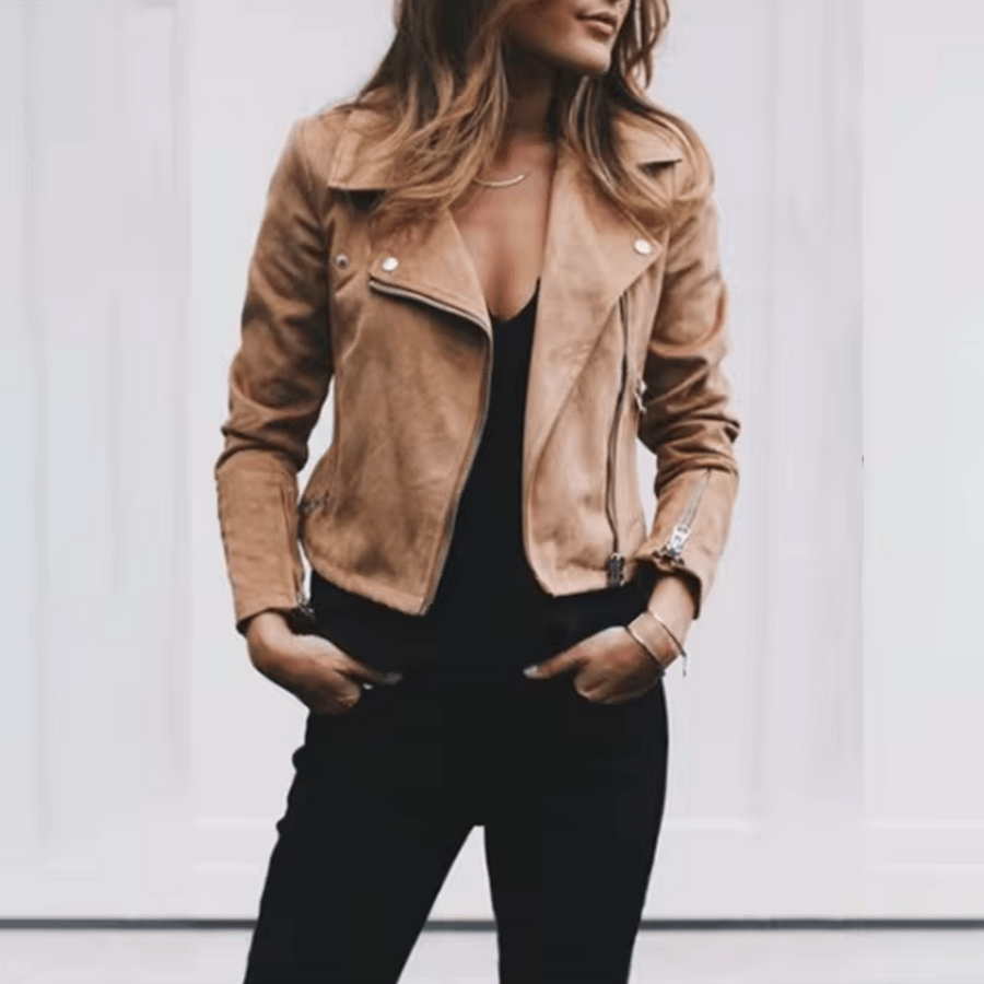 Modinzi Camel / 6 Sable Edge – Cropped Moto Jacket