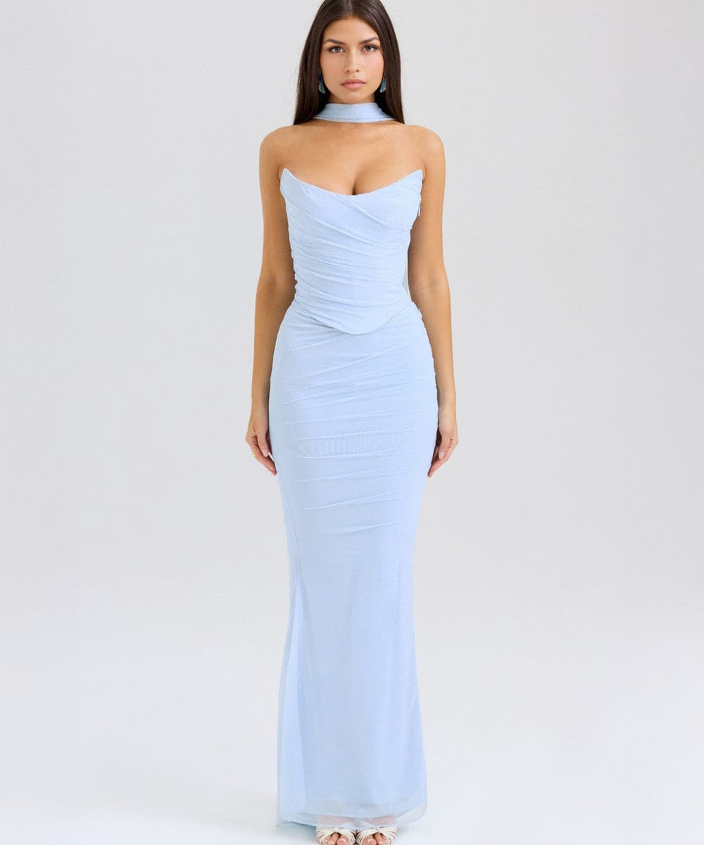 Modinzi Maxi dress Blue / 6 (XS) Strapless Draped Mesh Maxi Dress – Bodycon Fit with Scarf Detail