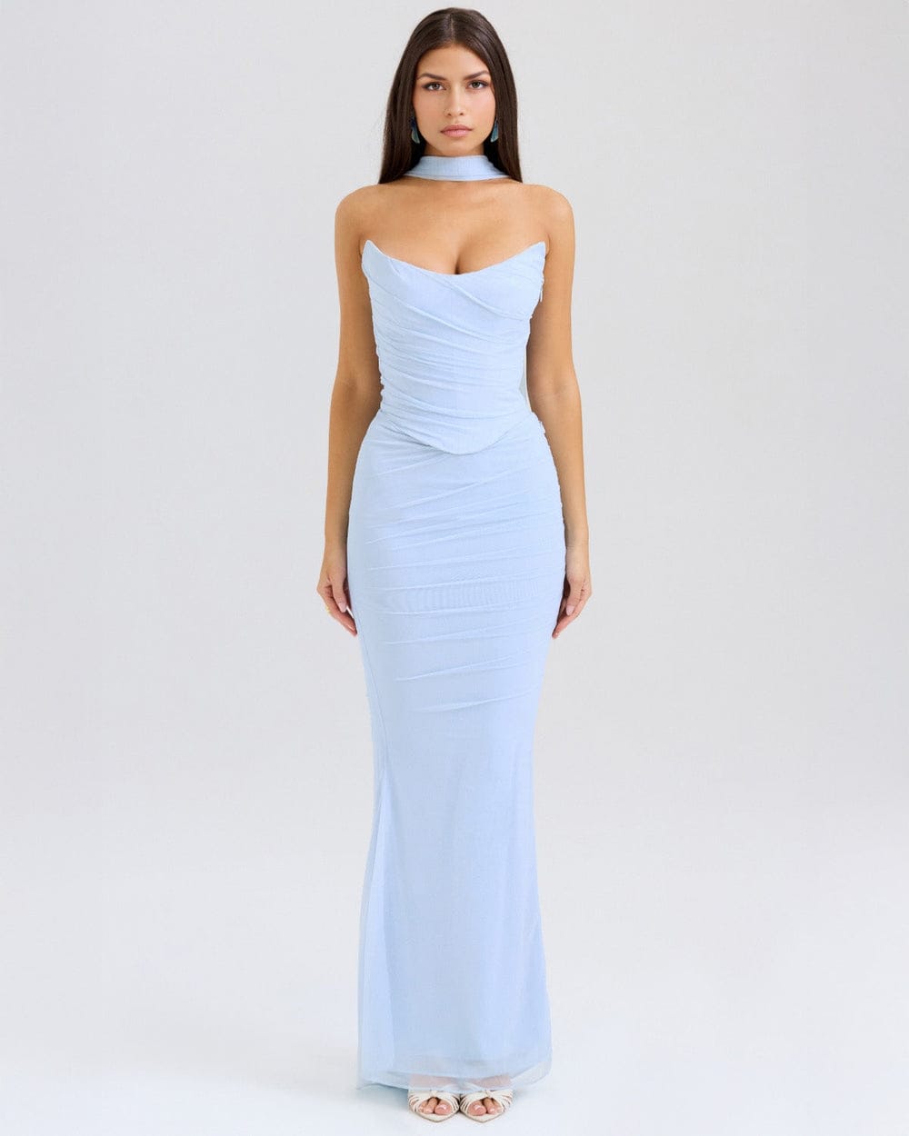 Modinzi Maxi dress Blue / 6 (XS) Strapless Draped Mesh Maxi Dress – Bodycon Fit with Scarf Detail
