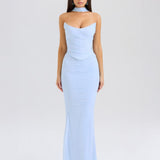 Modinzi Maxi dress Blue / 6 (XS) Strapless Draped Mesh Maxi Dress – Bodycon Fit with Scarf Detail
