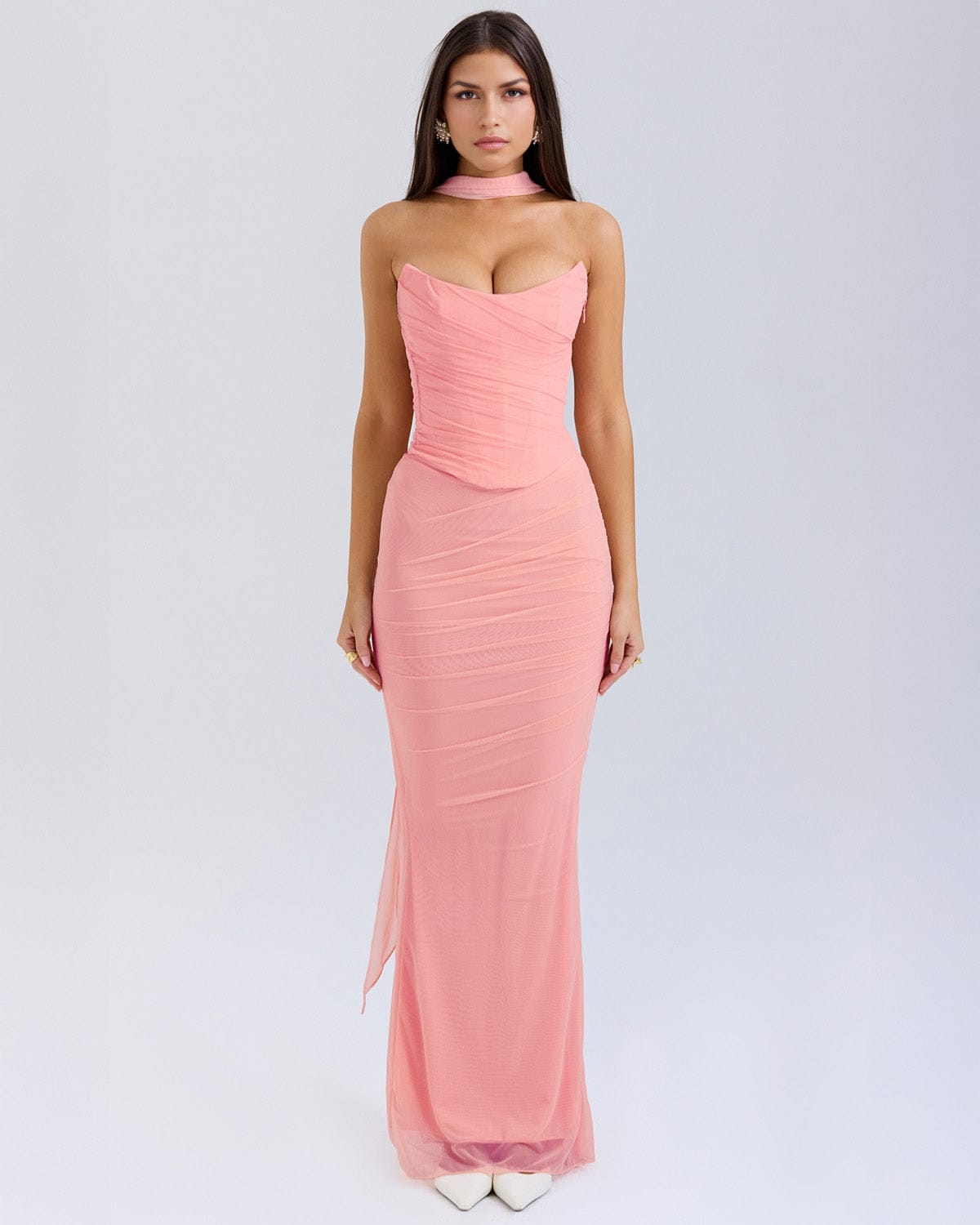 Modinzi Maxi dress Pink / 6 (XS) Strapless Draped Mesh Maxi Dress – Bodycon Fit with Scarf Detail