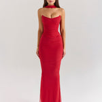 Modinzi Maxi dress Red / 6 (XS) Strapless Draped Mesh Maxi Dress – Bodycon Fit with Scarf Detail