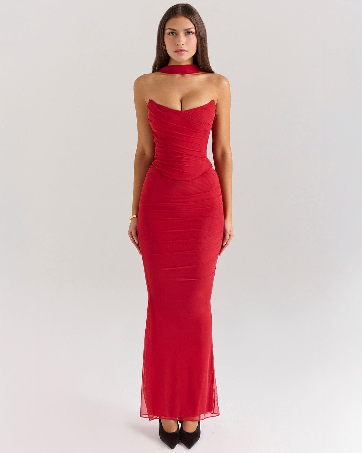 Modinzi Maxi dress Red / 6 (XS) Strapless Draped Mesh Maxi Dress – Bodycon Fit with Scarf Detail