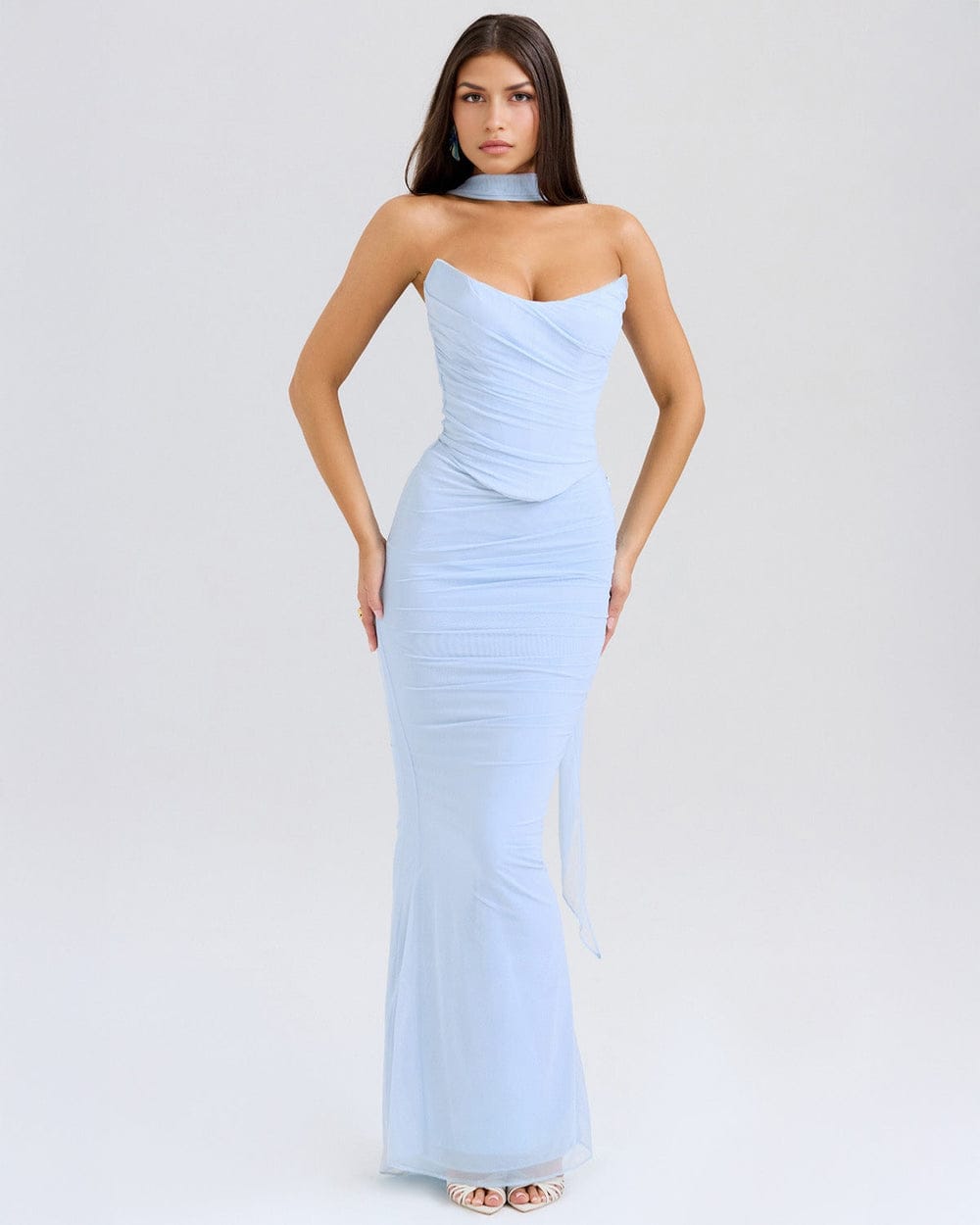 Modinzi Maxi dress Strapless Draped Mesh Maxi Dress – Bodycon Fit with Scarf Detail