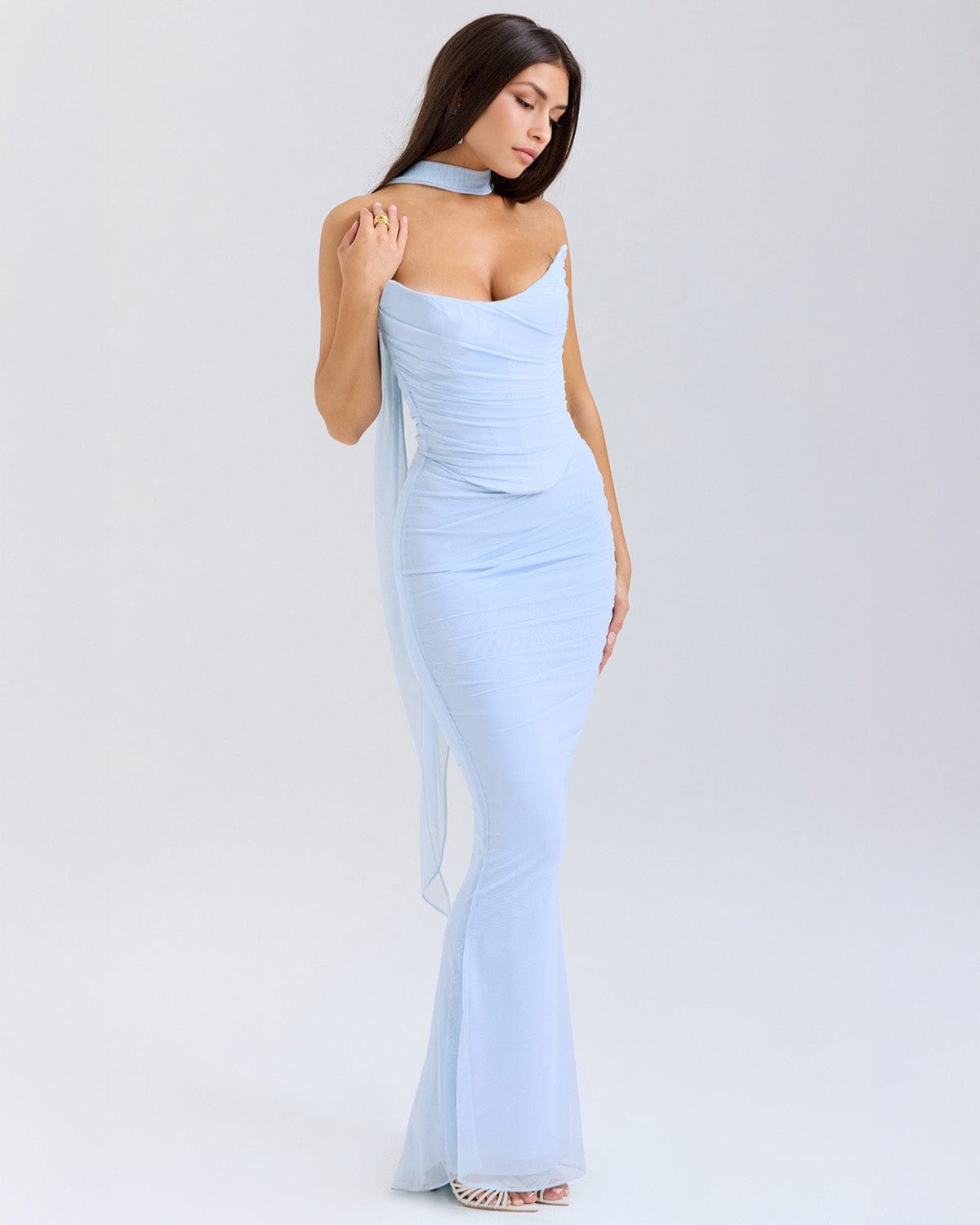 Modinzi Maxi dress Strapless Draped Mesh Maxi Dress – Bodycon Fit with Scarf Detail