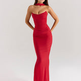 Modinzi Maxi dress Strapless Draped Mesh Maxi Dress – Bodycon Fit with Scarf Detail