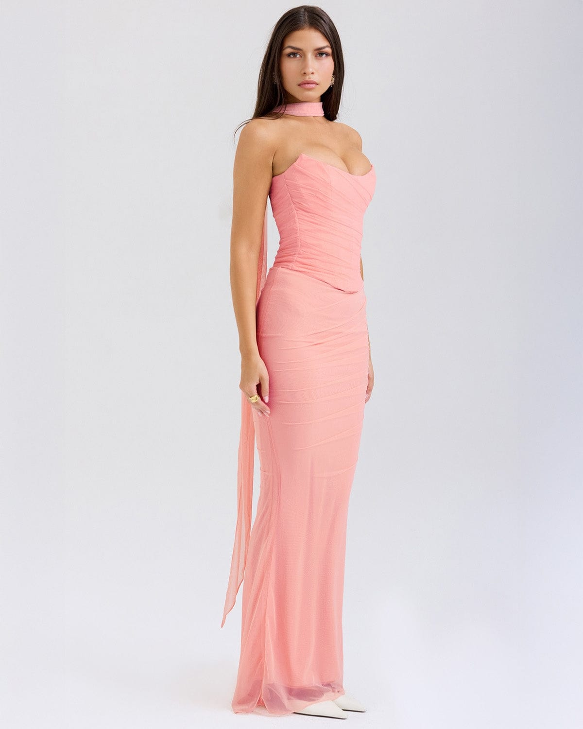 Modinzi Maxi dress Strapless Draped Mesh Maxi Dress – Bodycon Fit with Scarf Detail