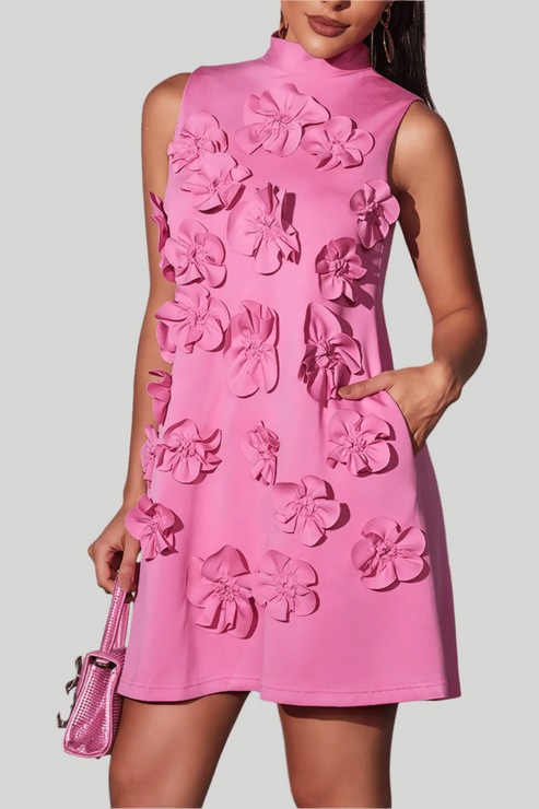 Modinzi Mini Dress Women’s 3D Floral Sleeveless Mini Dress – High Neck A-Line Party Dress