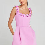 Modinzi Mini Dress Pink / 8 (S) Women’s A-Line Mini Dress – 3D Floral Appliqué Strap Detail