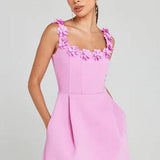 Modinzi Mini Dress Pink / 8 (S) Women’s A-Line Mini Dress – 3D Floral Appliqué Strap Detail