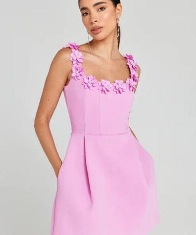 Modinzi Mini Dress Pink / 8 (S) Women’s A-Line Mini Dress – 3D Floral Appliqué Strap Detail