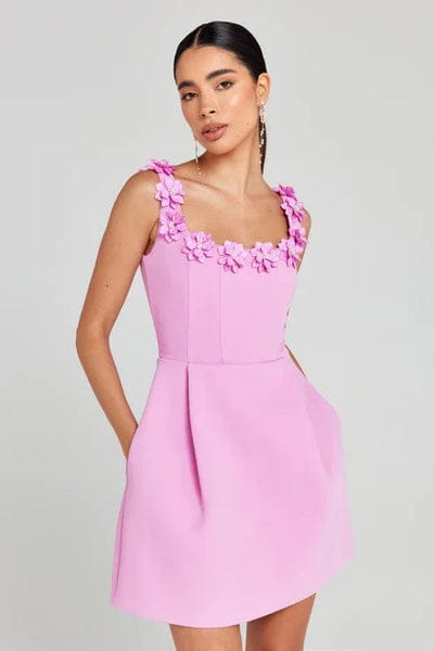 Modinzi Mini Dress Pink / 8 (S) Women’s A-Line Mini Dress – 3D Floral Appliqué Strap Detail