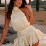 Modinzi Mini Dress Beige / 8 (S) Women’s Backless Mini Dress – Tie Neck Ruffle Hem Short Dress