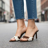 Modinzi Heels Brown & Cream / 4 Women’s Brown & Cream Patterned Stiletto Heel Mules – Open Toe Slip-On Sandals