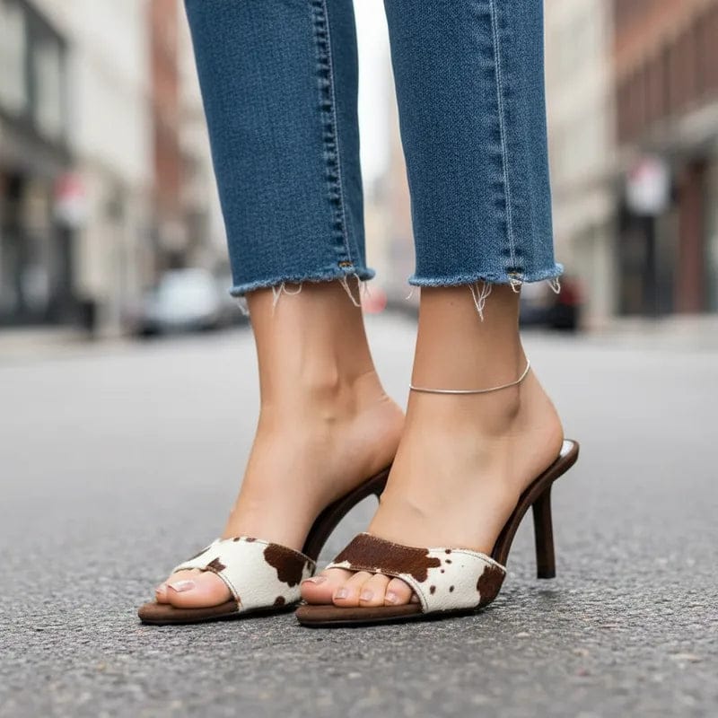 Modinzi Heels Brown & Cream / 4 Women’s Brown & Cream Patterned Stiletto Heel Mules – Open Toe Slip-On Sandals