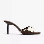 Modinzi Heels Women’s Brown & Cream Patterned Stiletto Heel Mules – Open Toe Slip-On Sandals