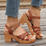 Modinzi Sandals Brown / 5 Women’s Chunky Heel Sandals – Braided Strap Ankle Buckle Open Toe