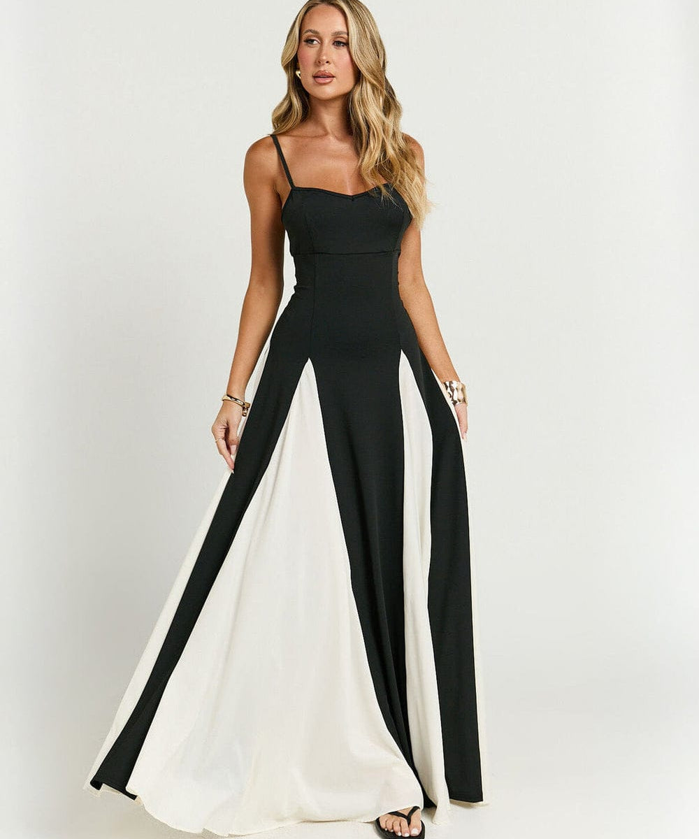 Modinzi Maxi dress White / 8 (S) Women’s Contrast Panel Maxi Dress – Elegant Two-Tone A-Line Gown