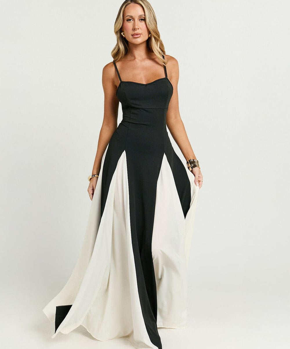 Modinzi Maxi dress Women’s Contrast Panel Maxi Dress – Elegant Two-Tone A-Line Gown