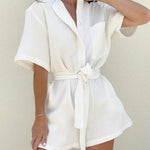 Modinzi jumpsuit White / 8 (S) Women’s Cotton Button-Up Romper – Relaxed Belted Short Jumpsuit