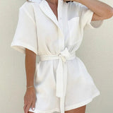Modinzi jumpsuit White / 8 (S) Women’s Cotton Button-Up Romper – Relaxed Belted Short Jumpsuit