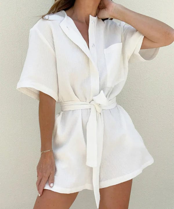 Modinzi jumpsuit White / 8 (S) Women’s Cotton Button-Up Romper – Relaxed Belted Short Jumpsuit