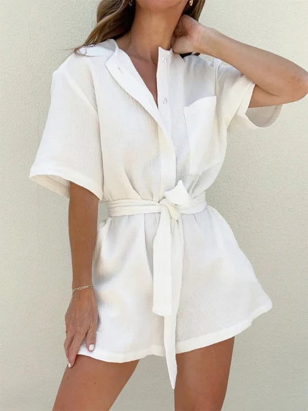 Modinzi jumpsuit White / 8 (S) Women’s Cotton Button-Up Romper – Relaxed Belted Short Jumpsuit