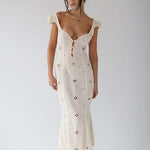 Modinzi Midi dress Cream / 8 (S) Women’s Cream Cutout Midi Dress – Button Front Floral Eyelet Detail