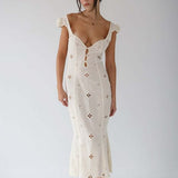 Modinzi Midi dress Cream / 8 (S) Women’s Cream Cutout Midi Dress – Button Front Floral Eyelet Detail