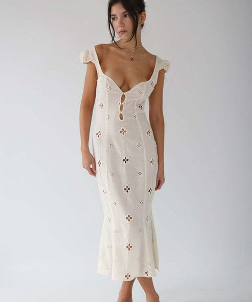 Modinzi Midi dress Cream / 8 (S) Women’s Cream Cutout Midi Dress – Button Front Floral Eyelet Detail