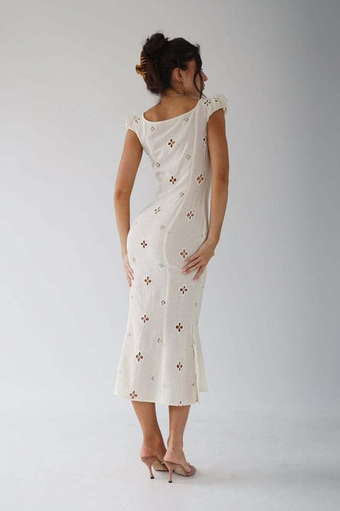 Modinzi Midi dress Women’s Cream Cutout Midi Dress – Button Front Floral Eyelet Detail