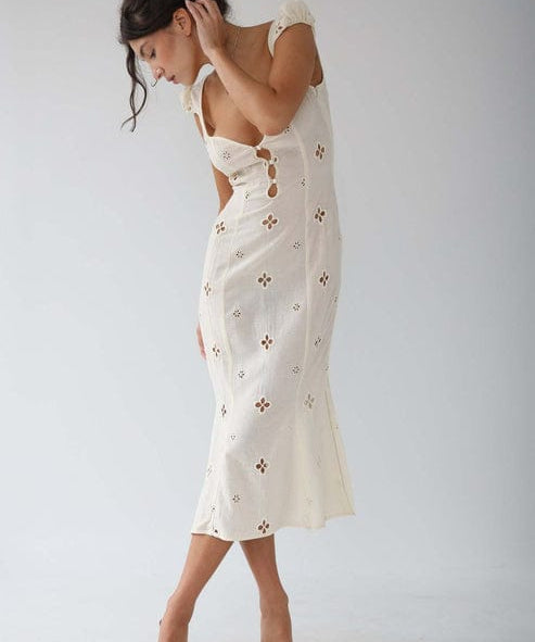 Modinzi Midi dress Women’s Cream Cutout Midi Dress – Button Front Floral Eyelet Detail
