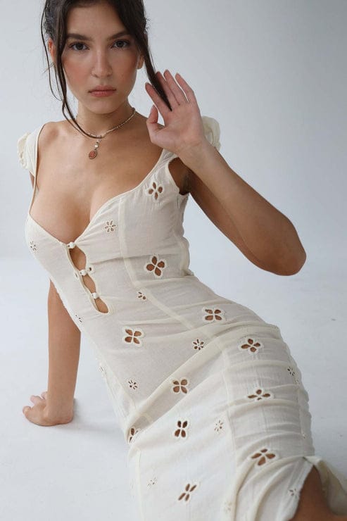 Modinzi Midi dress Women’s Cream Cutout Midi Dress – Button Front Floral Eyelet Detail
