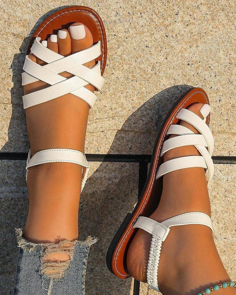 Modinzi Sandals white / 4 Women’s Crisscross Flat Sandals – Ankle Strap Slides
