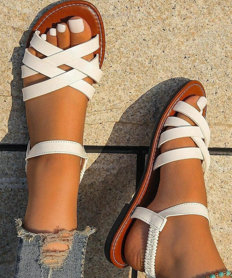 Modinzi Sandals white / 4 Women’s Crisscross Flat Sandals – Ankle Strap Slides