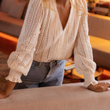 Modinzi tops Ivory / 8 (S) Women's Crochet Lace Long-Sleeve Blouse – Elegant V-Neck Boho Top