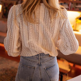 Modinzi tops Women's Crochet Lace Long-Sleeve Blouse – Elegant V-Neck Boho Top