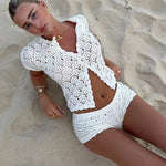 Modinzi Sets Women’s Crochet Two-Piece Set – Short Sleeve Top and Shorts Beach Outfit