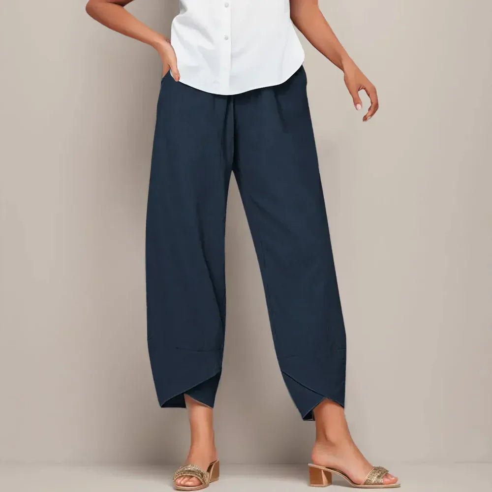 Modinzi Trousers Navy Blue / 8 (S) Women’s Cropped Linen Trousers – Relaxed Fit Drawstring Ankle Pants
