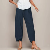 Modinzi Trousers Navy Blue / 8 (S) Women’s Cropped Linen Trousers – Relaxed Fit Drawstring Ankle Pants